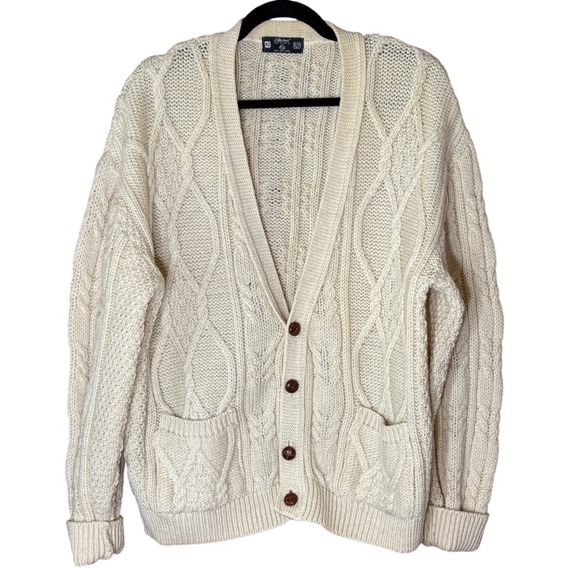 VTG St Michael Mens Cardigan Medium Cable Knit Sweater Wool Cream Fisherman - Picture 1 of 9